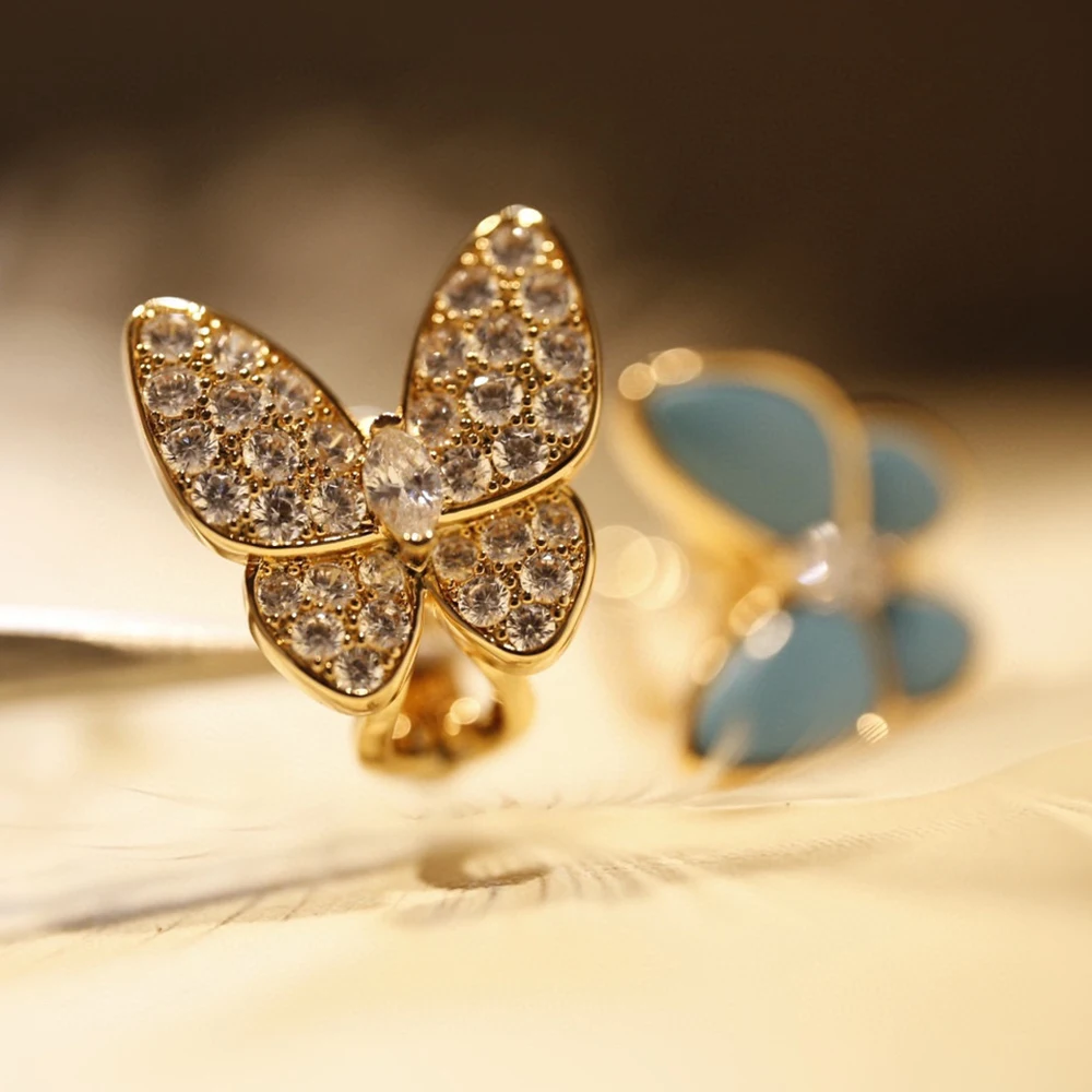 2022 Hot Brand Pure 925 Sterling Silver Earrings Butterfly Full Diamond Luxury Blue Turquoise Wings Gold Color Design Jewelry