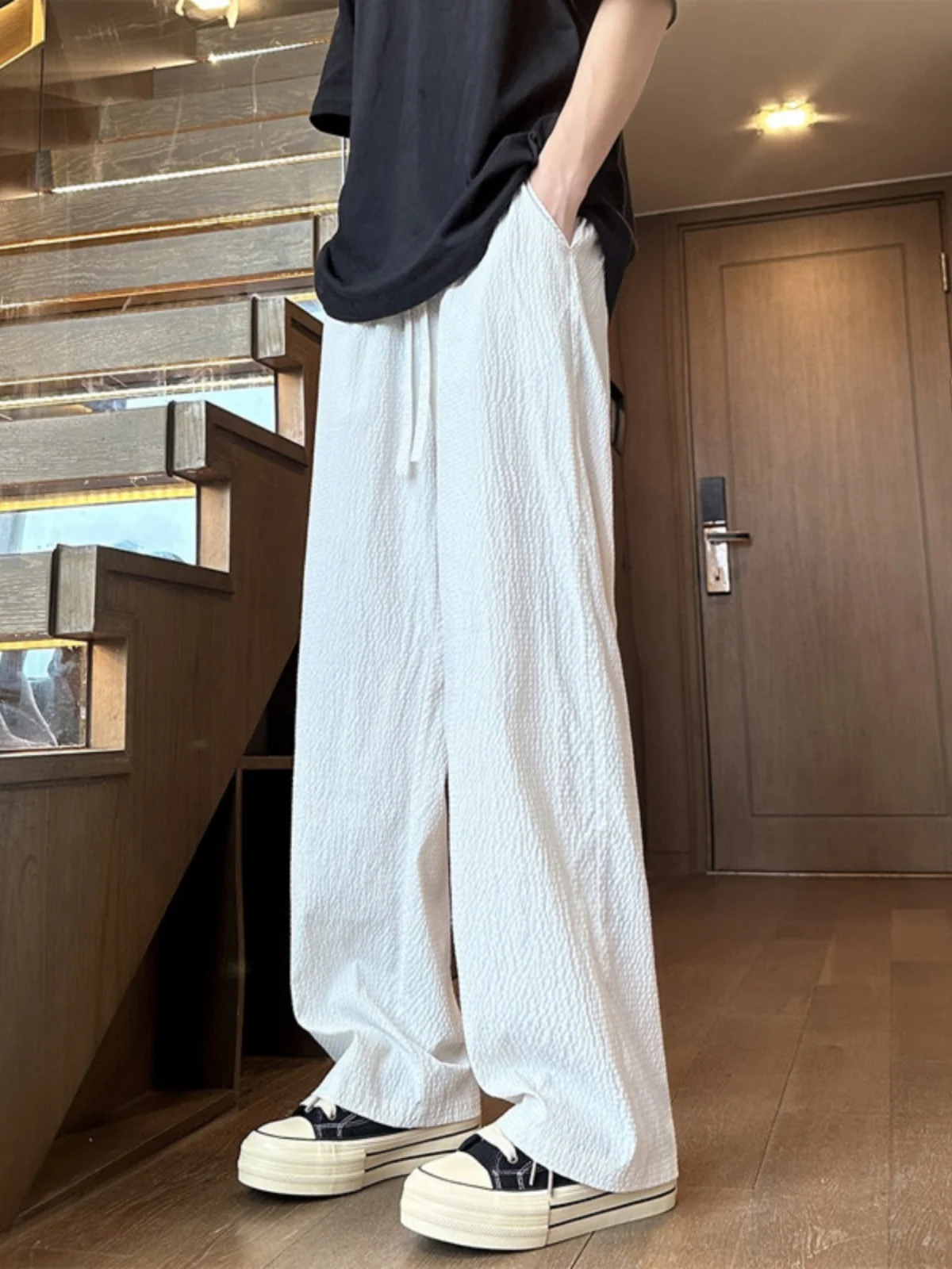 

White Bubble Pattern Ice Silk Qui Dry Summer Thin Casual Pants Loose Straight American High Street Sport Trousers for Men