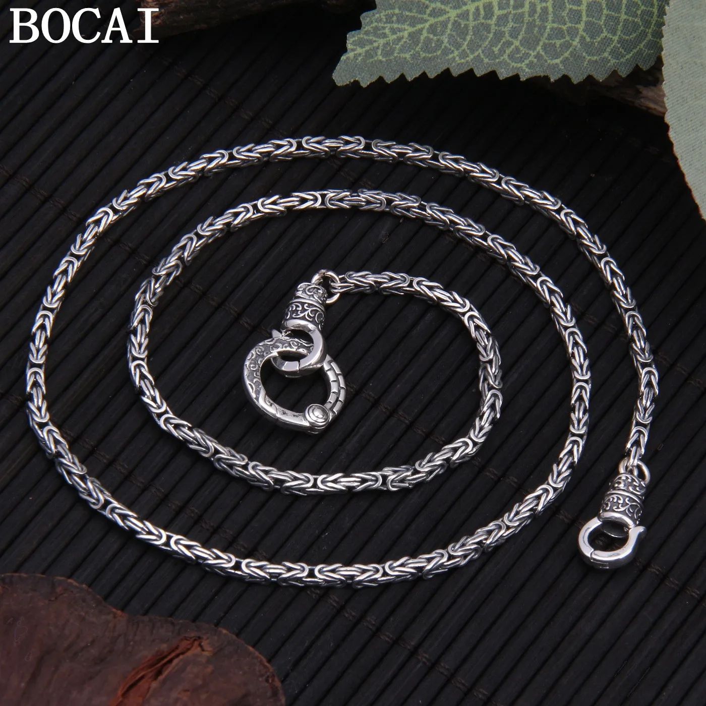 

BOCAI 2.5MM NEW S925 Pure Silver Retro Fashion Tang Grass Peace Pattern Circular Necklace Men's And Women's Gifts