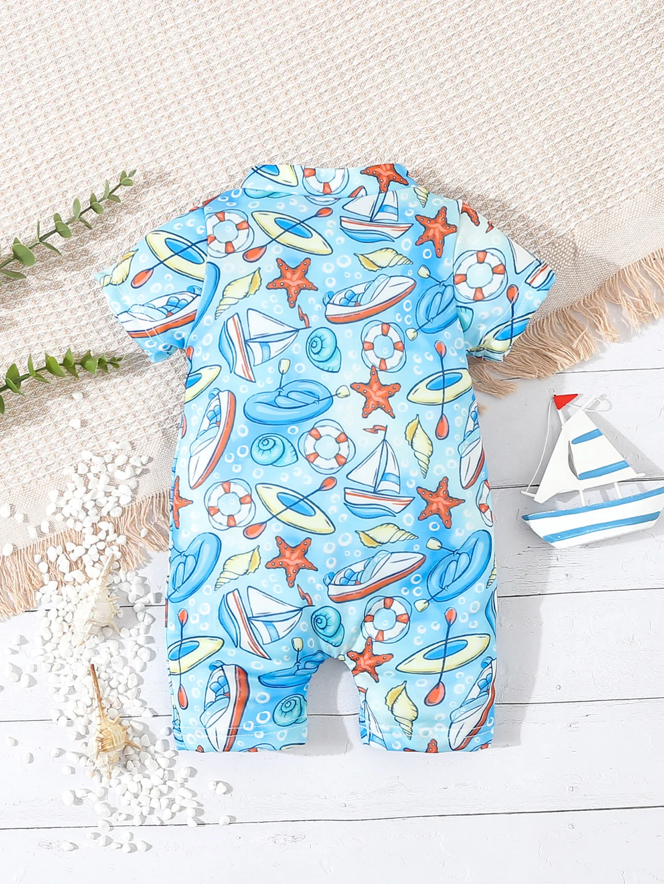 Baby Boy Summer Holiday Casual Seaside Swimming Cartoon Sea Animal Print Front Zipper Round Neck Short Sleeve One-Piece Shorts Swimsuit