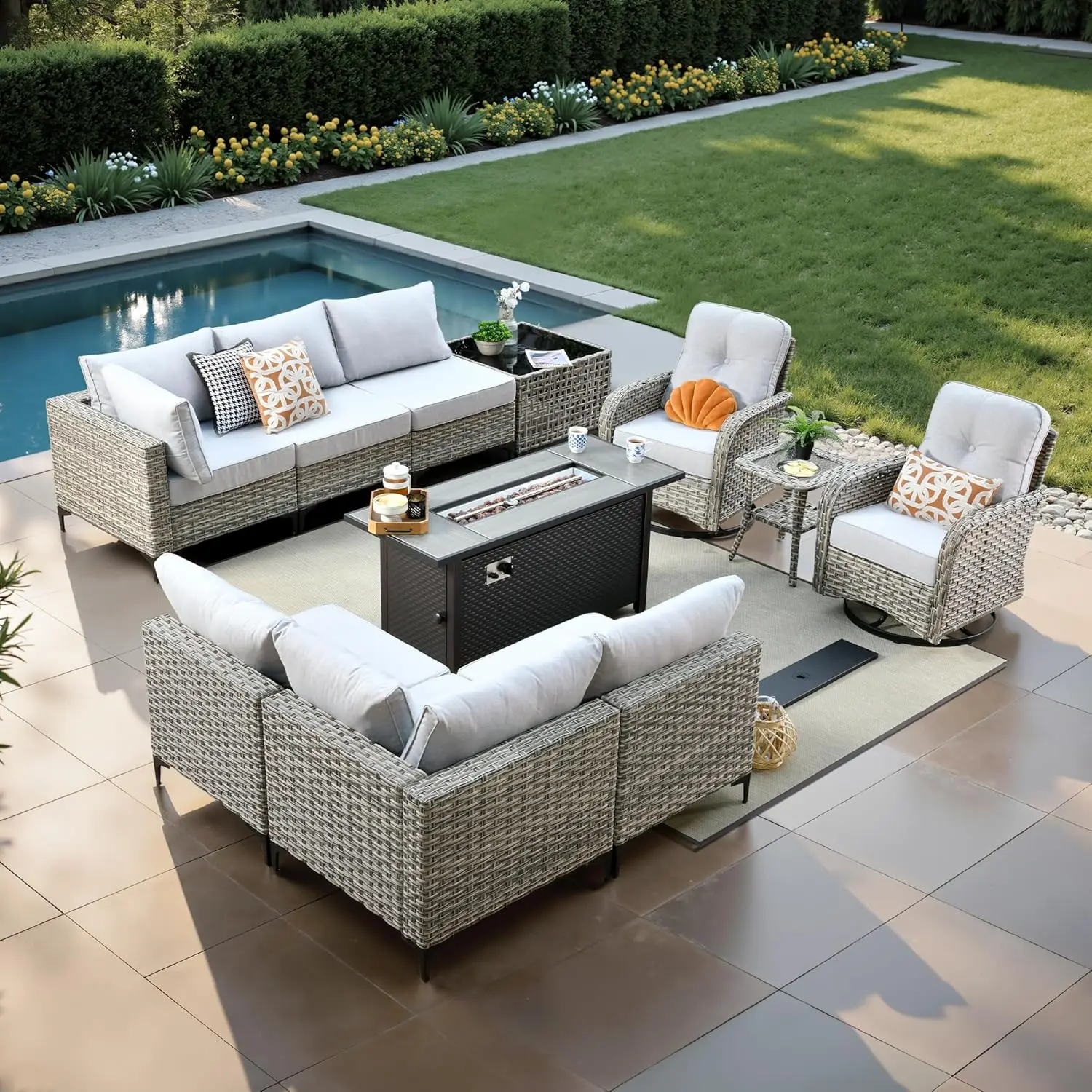 

11 Pcs Patio Furniture with Fire Pit Table, Outdoor Rattan Wicker Conversation Set with Glowing Coffee Table, Comfy, Customized