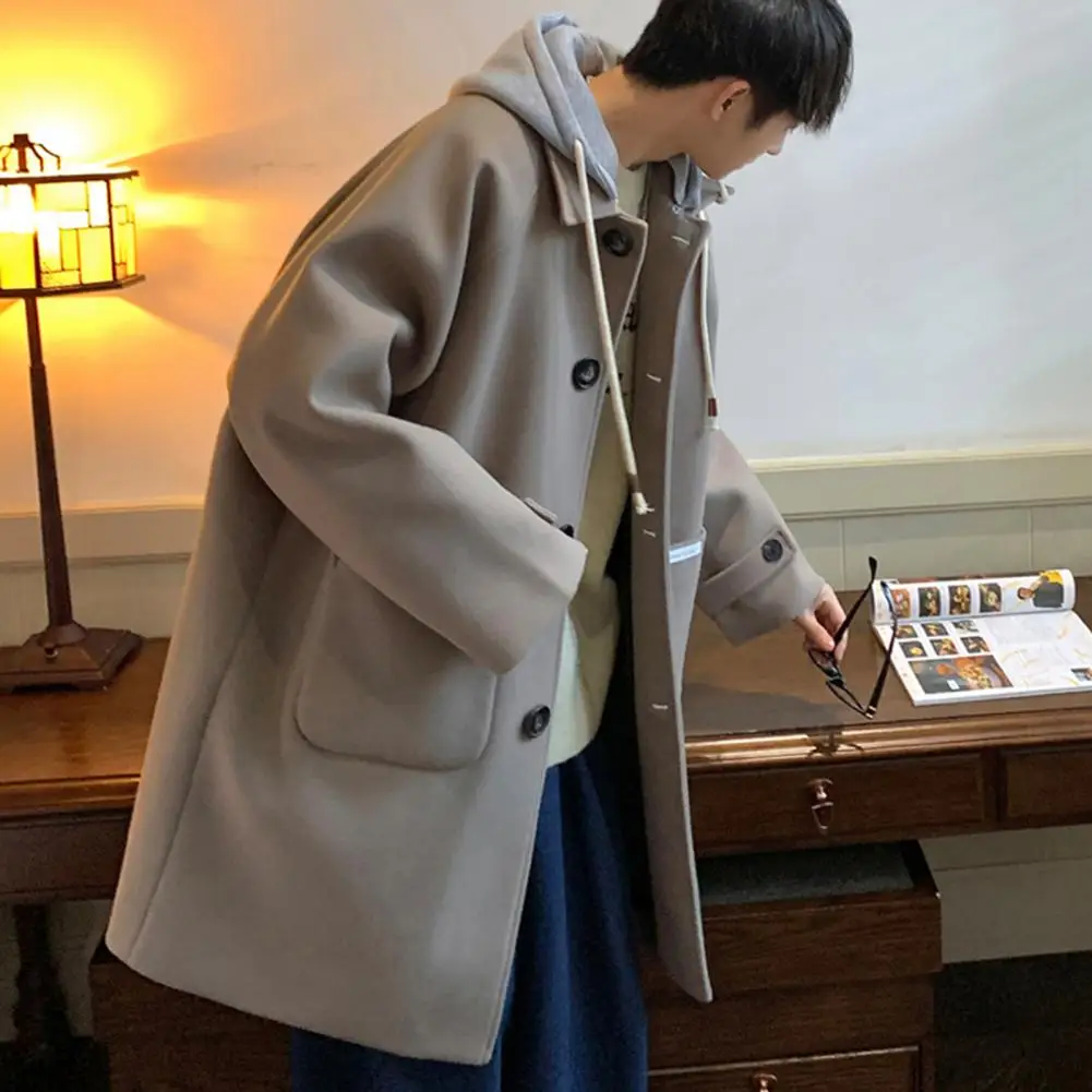 Korean Style Medium To Long Woolen Coat For Men Autumn Winter Loose Fake Two Pieces Hooded Windbreaker Jackets Men Clothing