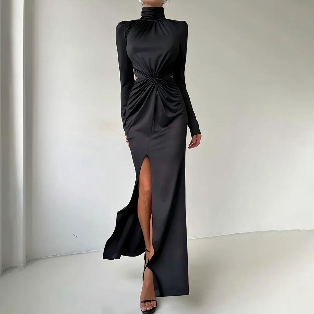 Absobe Herfst Winter Vrouwen Maxi Jurk Split Elegante Zwarte Hoge Hals Ruches Sexy Backless Uitgesneden Lange Mouw Avondfeestkleding