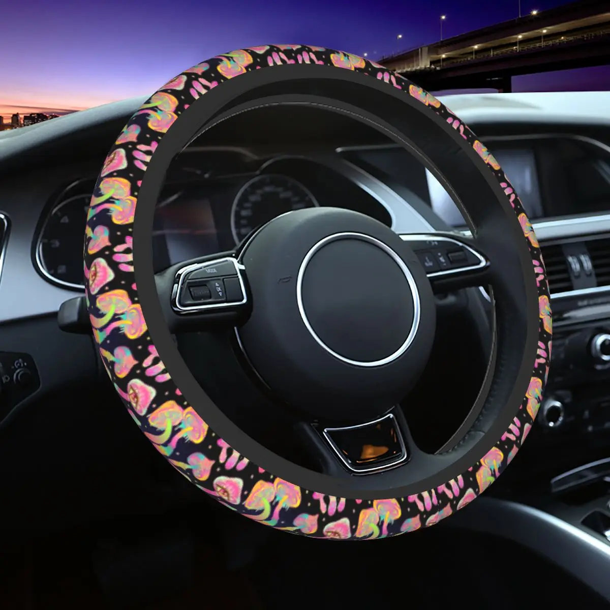 Mushrooms Car Steering Wheel Cover 37-38 Elastic Psychedelic Aesthetic Mushroom Steering Wheel Cover Colorful Car-styling Car