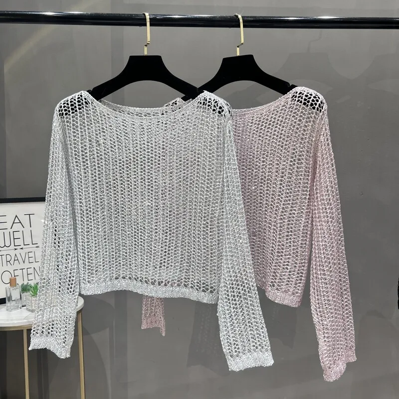 Summer Solid Color Sexy Hollow Out Perspective Long Sleeve Knitted Top Pullover Sun Protection Shirt Bright Silk Women T-shirt