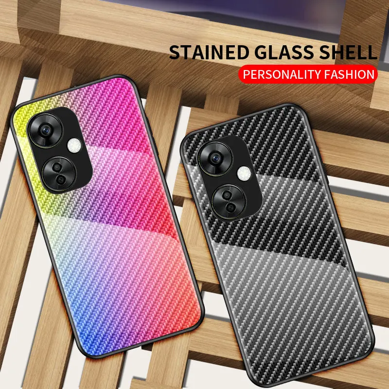 OnePlus Nord CE 3 Lite CPH2467 CPH2465 Case Carbon Fiber Tempered Glass Back Cover Hard Phone Case for OnePlus Nord CE 3 Lite 5G