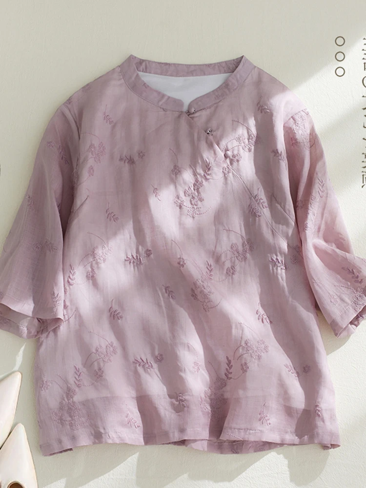 

Ретро китайский Sle с вышивкой из хлопка и льна с воротником-стойкой Seven Sve, женский повседневный топ больших размеров, одежда для чайной церемонии