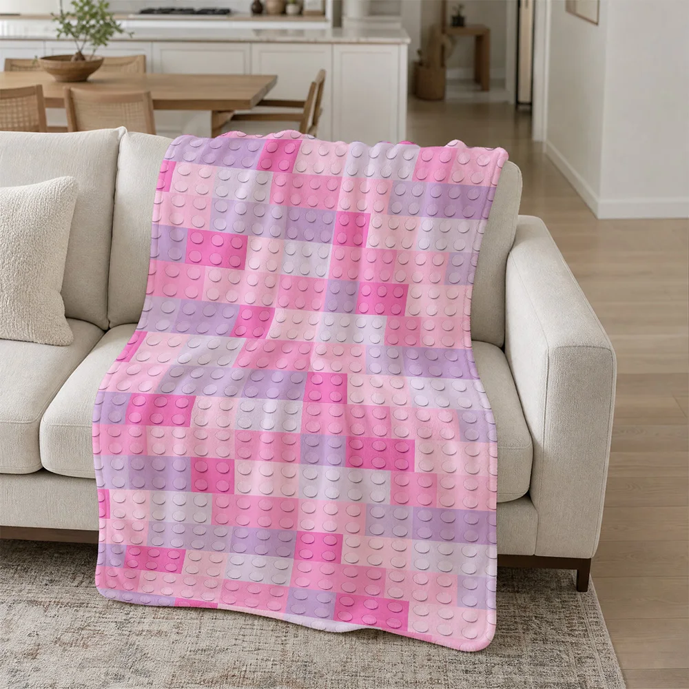 Cute Pink and Purple Building Blocks Throw Blanket Cozy Sofa Couch Decor Gift for Baby Kids Nursery