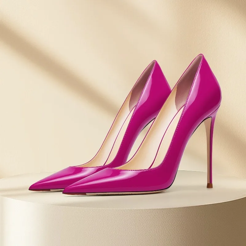 New patent leather pointed high-heeled shoes for women in rose red, slim and versatile, with a shallow mouth and elegant style