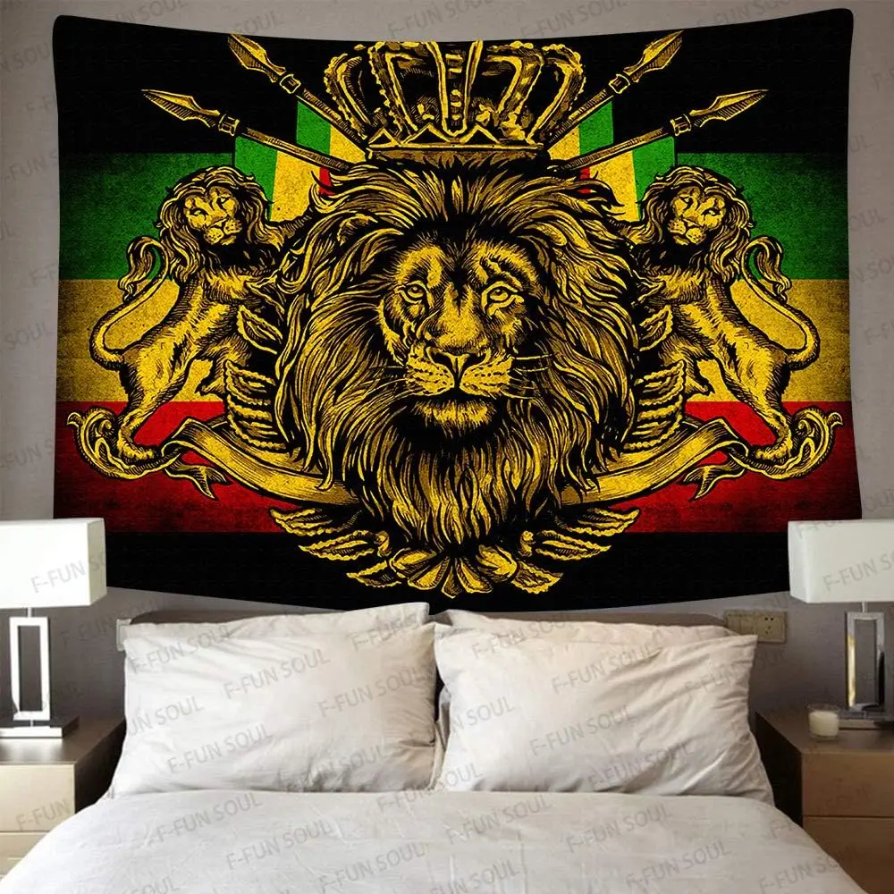 Vintage Royal Lion Crown Tapestry, Rasta Reggae African Flag Print Wall Art for Bedroom Living Room Dorm Apartment Decor