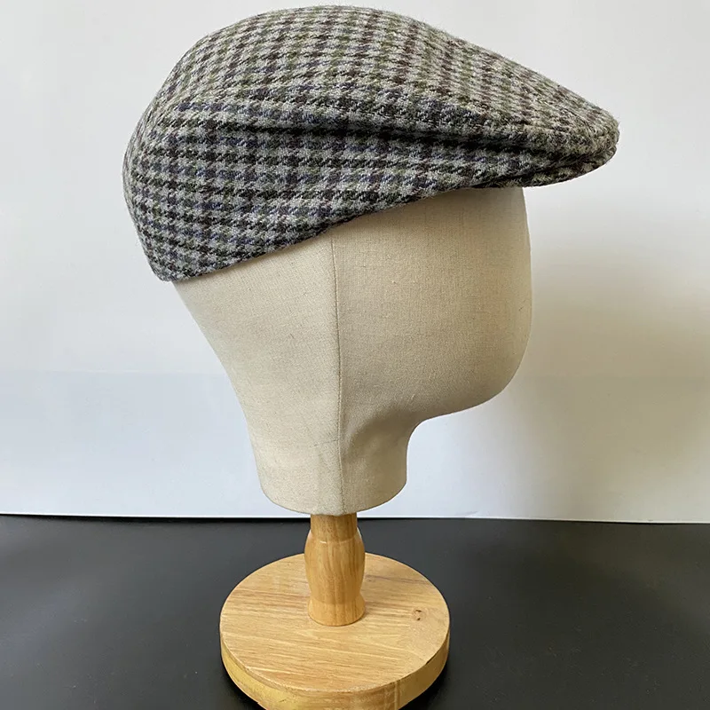 Gray Plaid Newsboy Hat Wool Womens Mens Ivy Cap Cabbie Driver Hat Autumn Winter Flat Hats Vintage Gatsby Beret 49