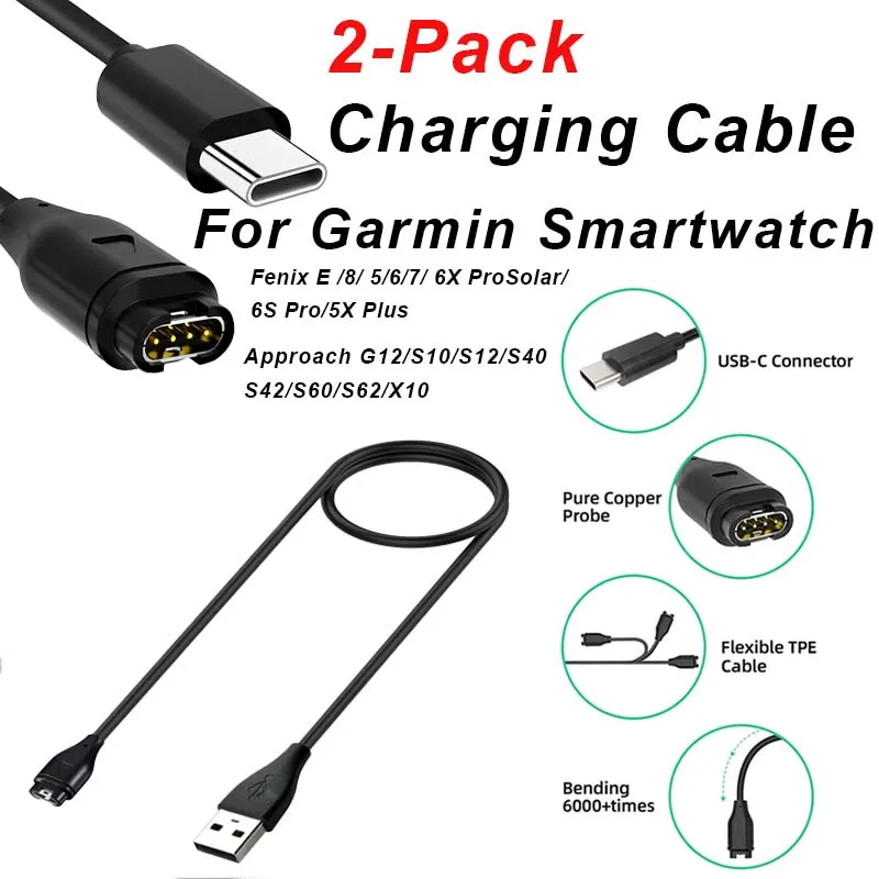 2-Pack Replacement USB/Type C Charging Cable for Garmin Fenix Series 5, 5S, 5X, Plus, 6, 6S, 6X, 7, 7S, And 7X Smartwatches