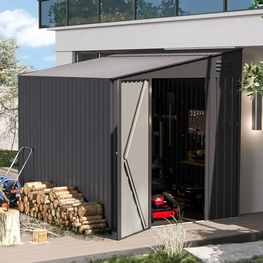 Garden Storage Cabinet for Backa，Shed Lean to Storage Shed, Outdoor 6' x 8' Metal Wall Side Bike Shed & Outdoor Storage
