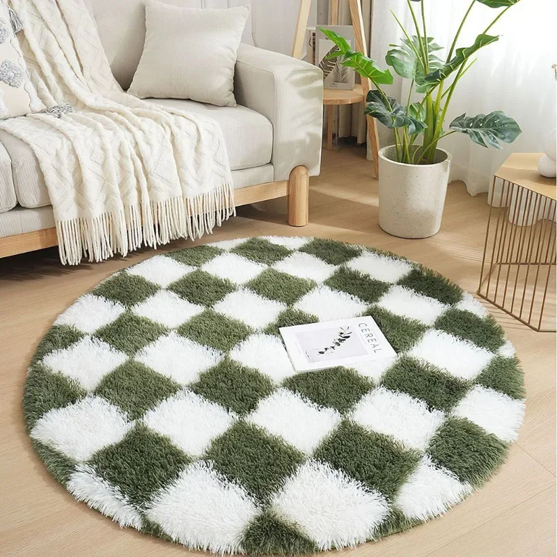 Nordic Two-Tone Checkerboard Round Carpet Long Hair Thick Super Soft Floor Mats for Living Room Non-Slip Easy-Cleaning Foot Rug