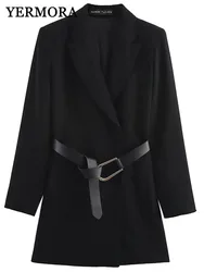 YERMORA Black Belted Casual Blazer For Women Lapel Long Sleeve Fashion Tide Loose Fit Basic Jacket Apring Autumn 2024 New A129