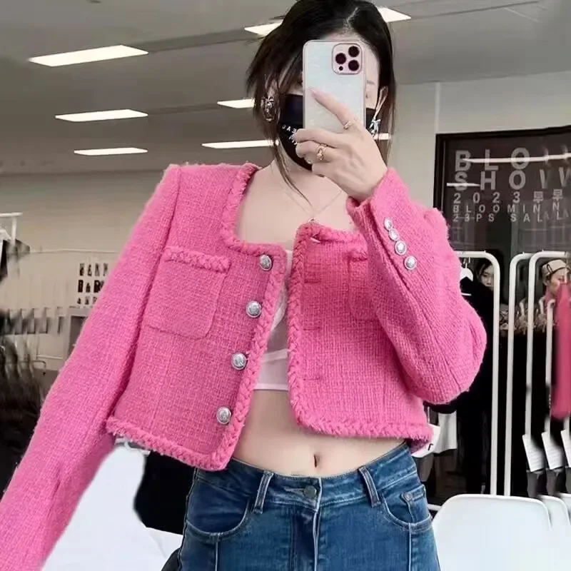 Frauen Frühling Herbst Rose Blazer Jacke Metall knöpfe grobe Tweed Anzüge Mantel hohe Taille ol Strickjacke Langarm Crop Tops 2023