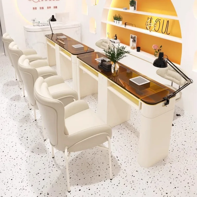 yjq single and double three-person manicure table and chair set wrought iron glass with vacuum cleaner manicure table