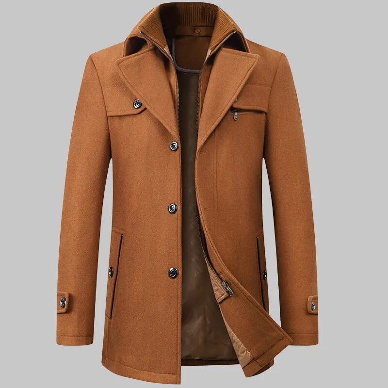 2026 High Quality Men's Wool Coat Medium Length Double Collar Winter Plus Cotton Thickened Wool Coat