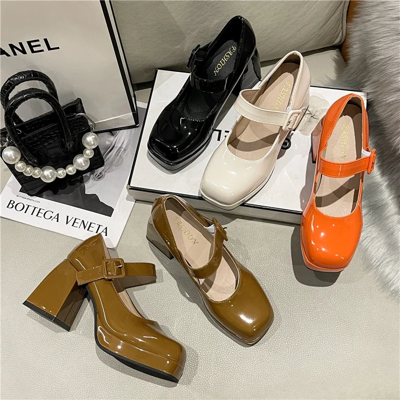 Lady Mary Jane Shoes 2023 New Platform Square Toe Women\'s Pumps 7cm Chunky Heels Orange Non-slip Women High Heels Big Size 35-44