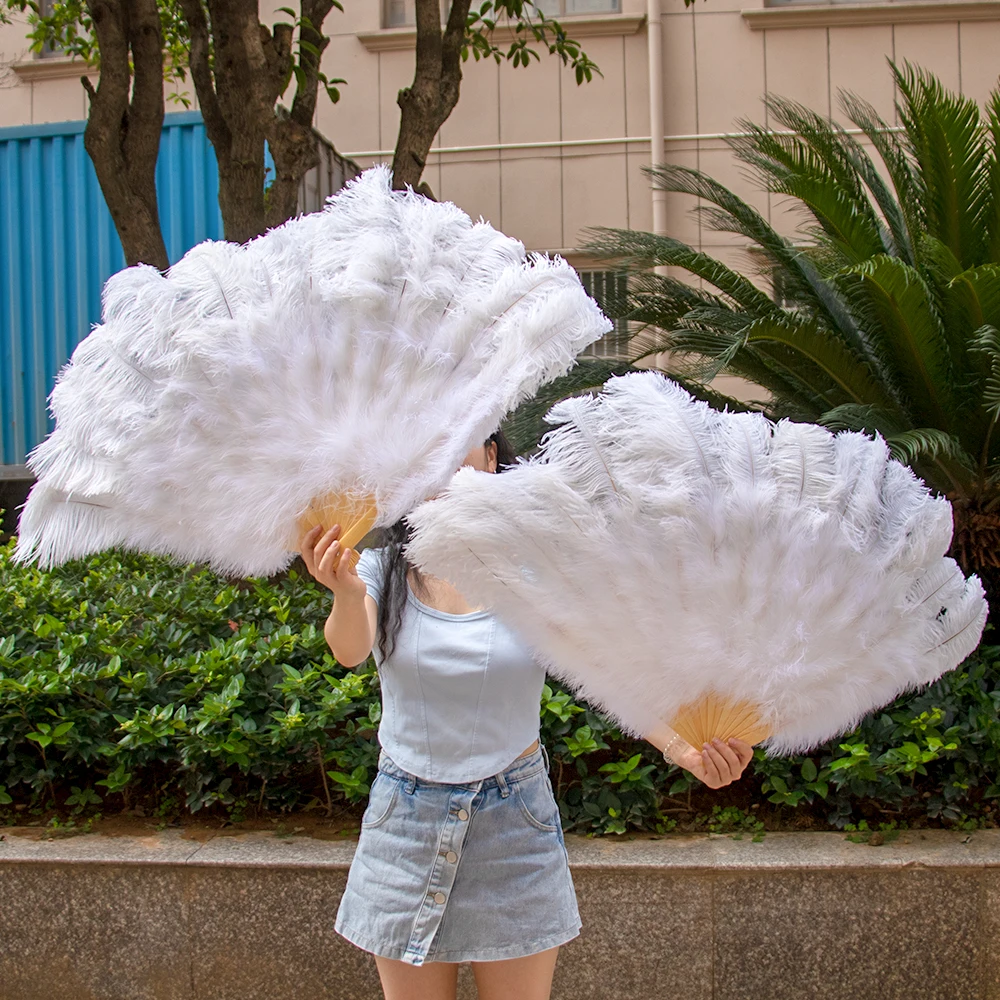 Folding Real Ostrich Feathers Fans for Wedding Performance Party Stage Show Props Colored Ostrich Feather Fan Customzied