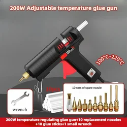 Pistola de silicone artesanal, temperatura ajustável com bico substituível, bastões de cola de 11mm, pistola de cola profissional de 200w, preto/amarelo