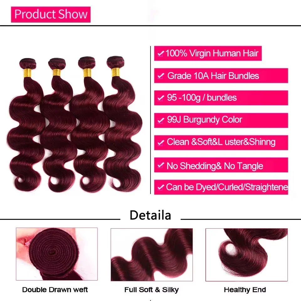 99J Burgundy Body Wave 100% Human Hair Bundles Red Wine Colored 3 4 Bundles Raw Virgin Brazilian Hair Weave Bundle 22 24 26 Inch image 5