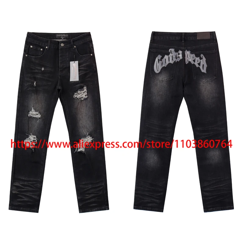 

Men Loose Trend Brand Elasticity Godspeed Denim Pants Logo Letter Print 2025 Novel Washed Casual GOD SPEED Jeans
