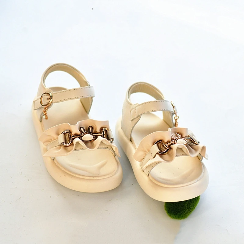 

Summer Genuine leather Soft Elastic Foam Sole Girls casual Roman sandals Metal Rabbit Quick Drying Children's beach shoes