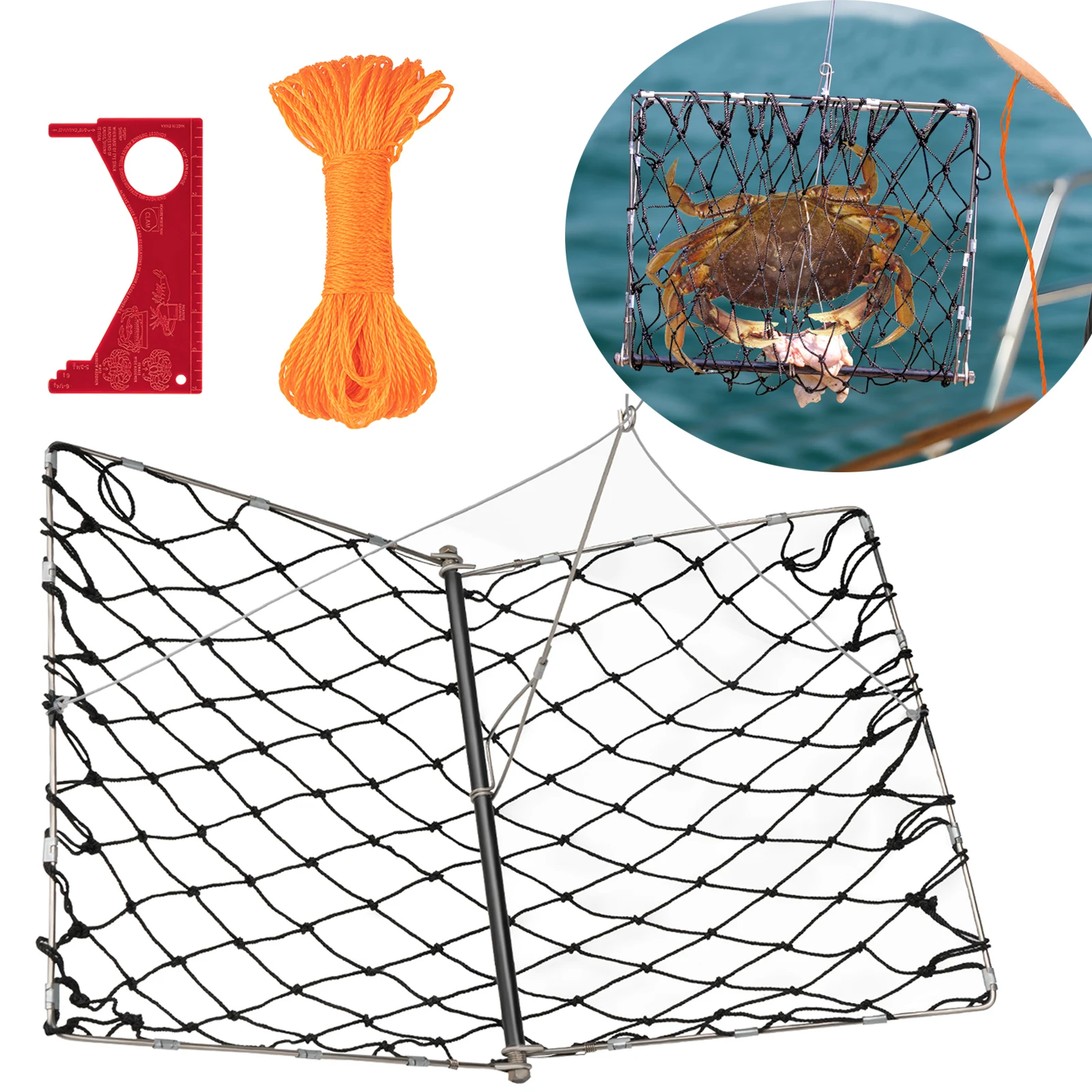 

Castable Crab Trap Net Foldable Nylon Mesh Crabbing Nets with Rope Bait Clip Stainless Steel Bait Cage For Blue Crab Crawfish