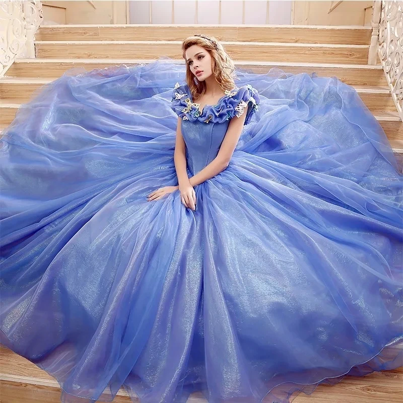 Elegant Off Shoulder Blue Quinceanera Dresses Sexy V Nedck For Party Prom Dress with 3D Butterfly Ball Gown Vintage Plus Szie