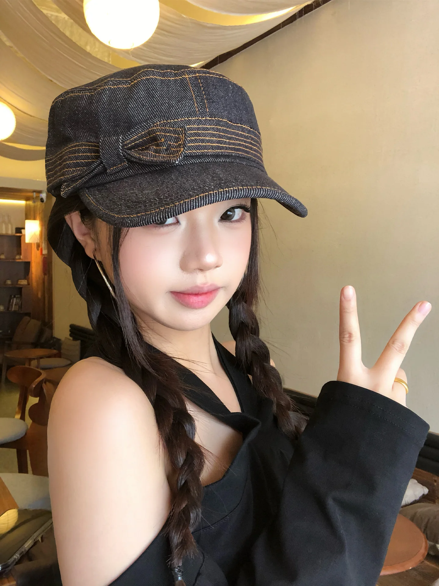 Korean Style  Knot Denim Flat Top Hat Women Summer Sun Protection Duckbill Cap Fashionable Small Face  Riding Hat