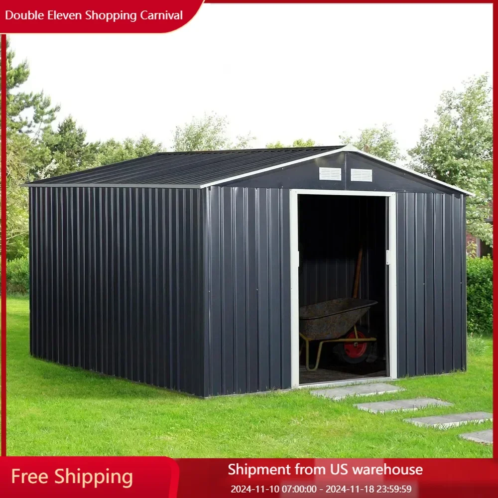 11'x 9'Outdoor Storage Shed with Foundation Kit 4 Vents and 2 Easy Sliding Doors for Backyard Sloped Roof Shed Garden Tool House