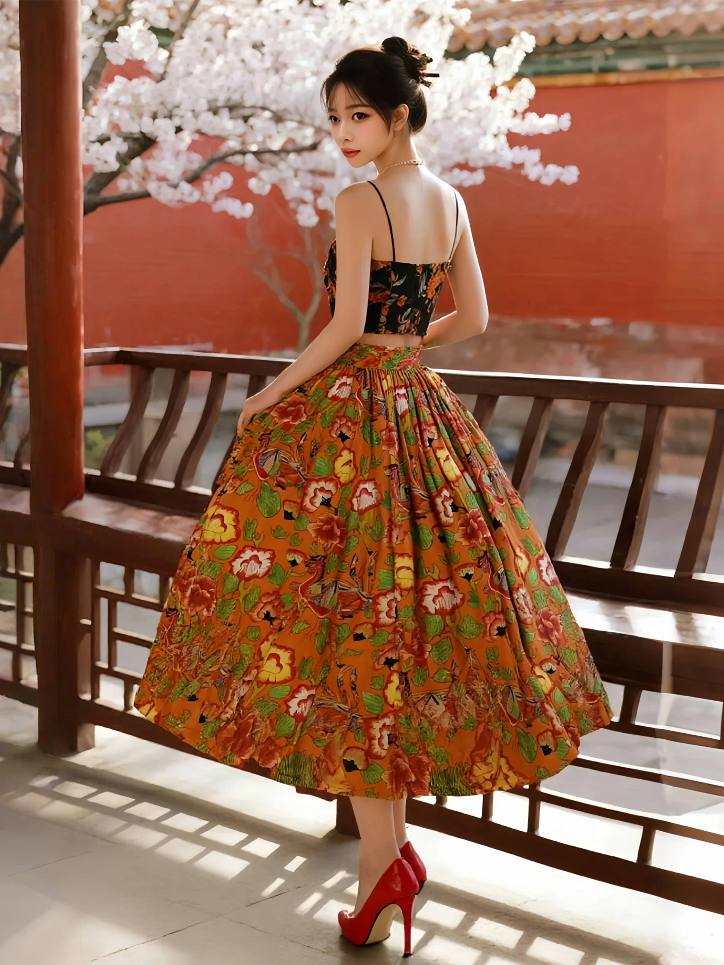 

Новая юбка-полусолнце с высокой талией и принтом в китайском стиле, высококачественная полиэстеровая юбка А-силуэта для женщин и девушек