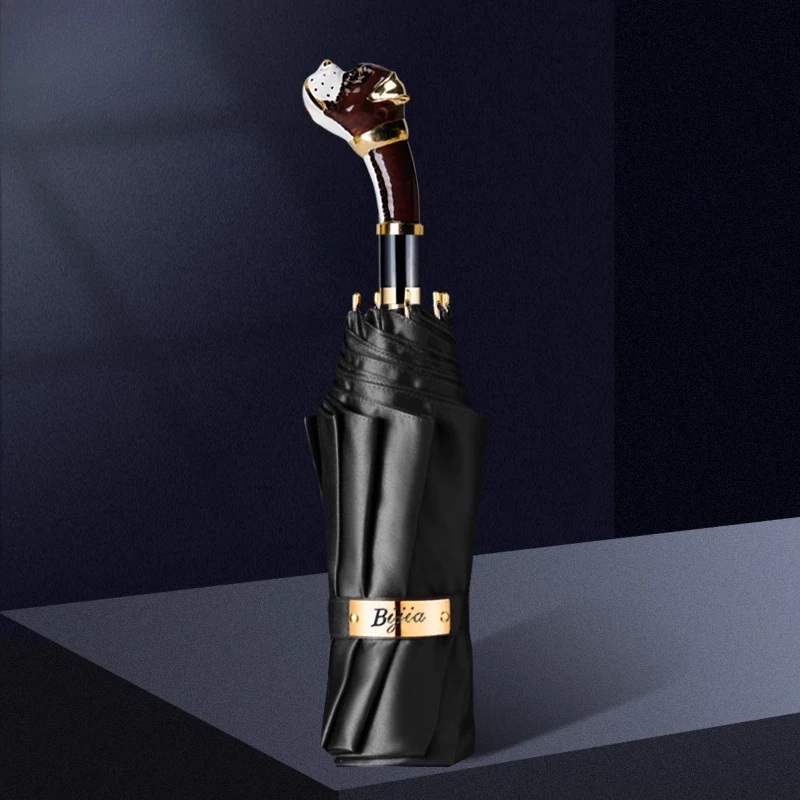 Luxury Retro Umbrella Three-fold Umbrella UV Protection Sun Protection Umbrellas Metal Dog Handle Parasol Men's Business Gifts