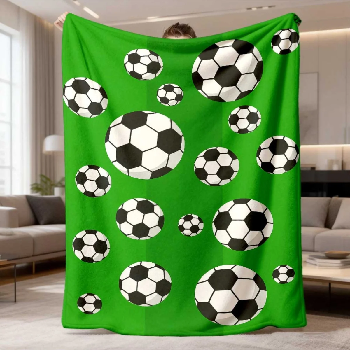 2026 New Flannel Blanket Arrival 1pc Soccer Design Ultrasoft, Lightweight & Durable Polyester, Bright Green with Black & White S