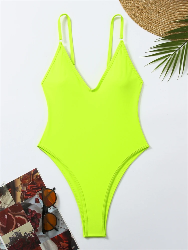 One Piece Swimsuit Women 2024 New Solid Sling V Neck Sexy Bodysuit Monokini Swimwear Summer Backless Beach Bathing Suit Female