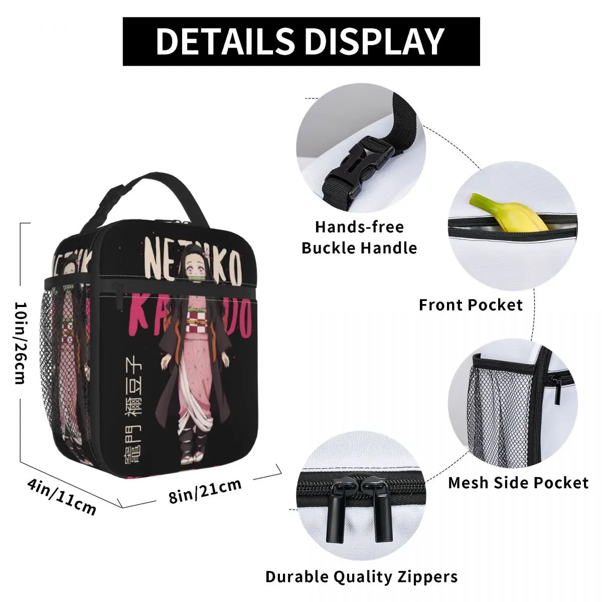 Custom Nezuko Kamado Demon Slayer Insulated Lunch Bag Kimetsu no Yaiba Portable Cooler Thermal Food Lunch Box Work School Travel