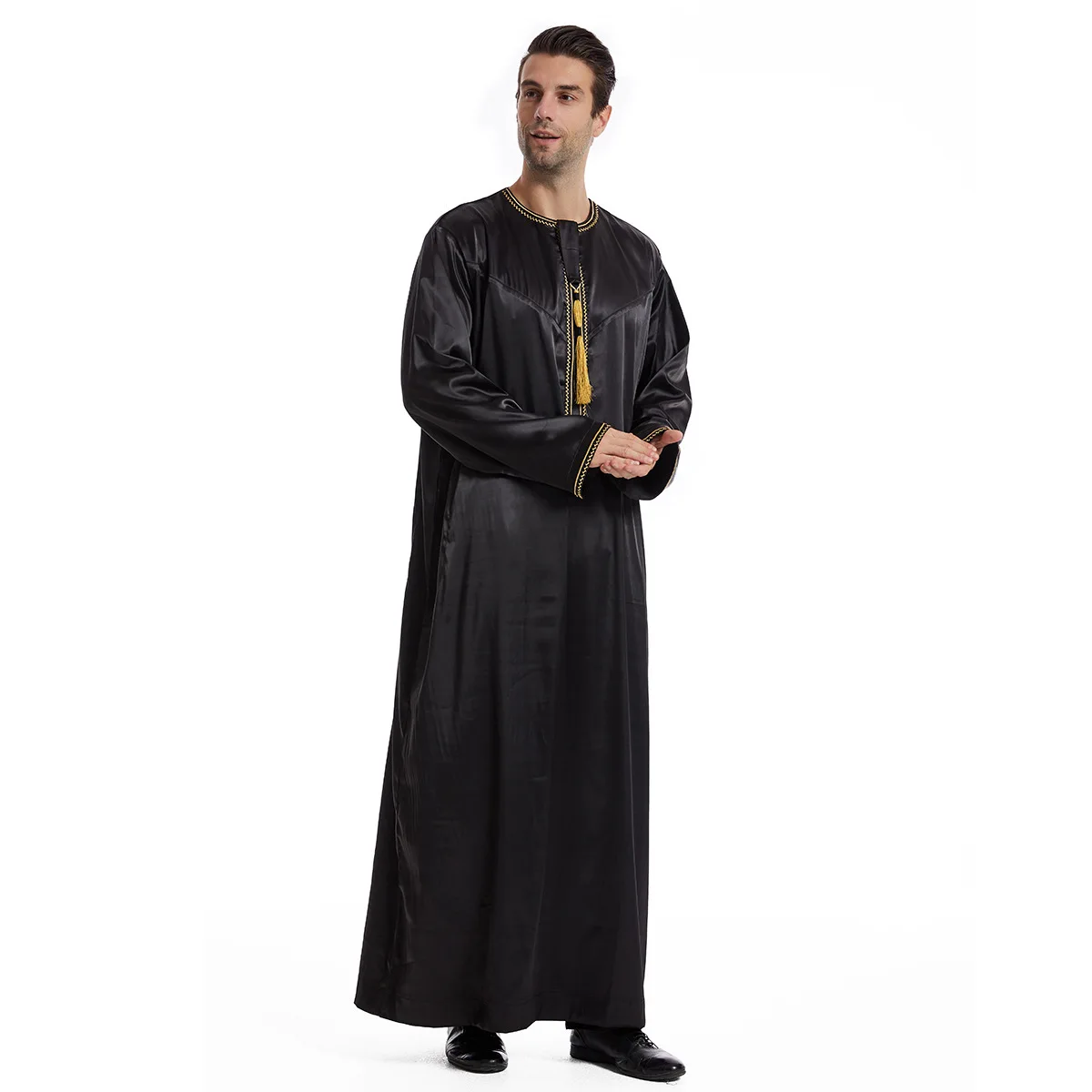 Islamic Muslim Arabic Men's Robe Long Sleeve Embroidered Stand Collar Arabian Thobe For Men Djellaba Homme