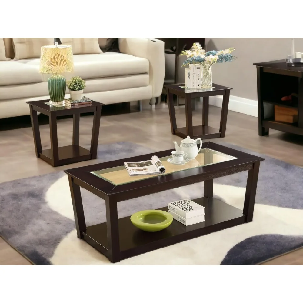 Contemporary Rectangle 3-Piece Occasional Table Set Includes Glass Coffee Table and 2 End Tables (Style B)