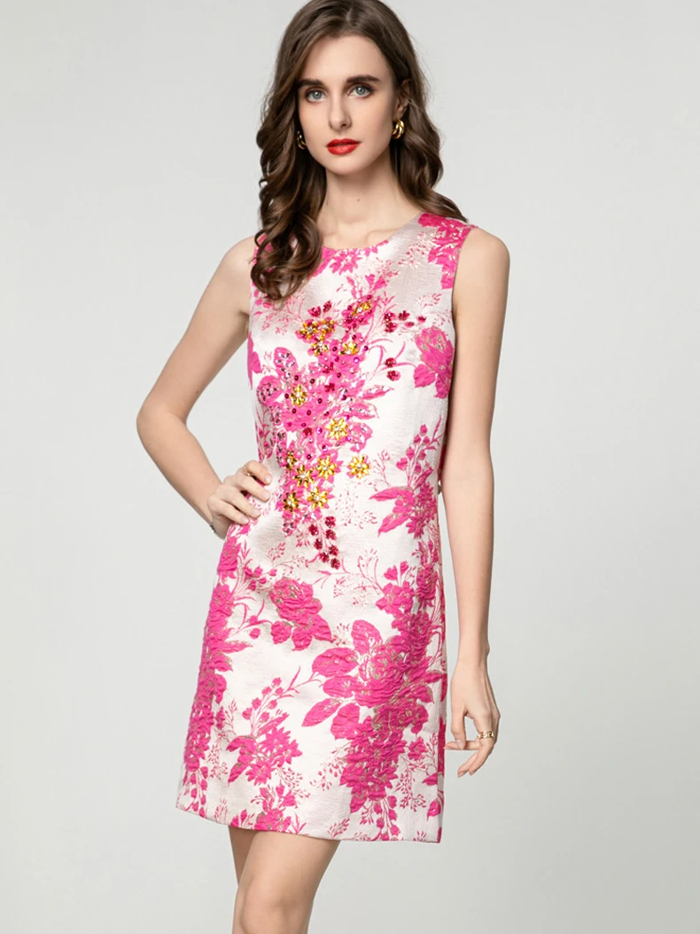 فساتين نسائية برقبة دائرية بدون أكمام ومطبوعة بالخرز فساتين قصيرة أنيقة