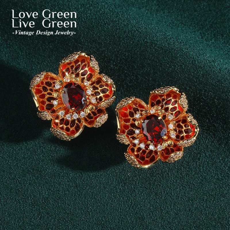

Vintage Antique Crystal Flower Earrings Stud Luxury Designer Jewelry High Quality For Wedding Gold Color Rhinestone Christmas