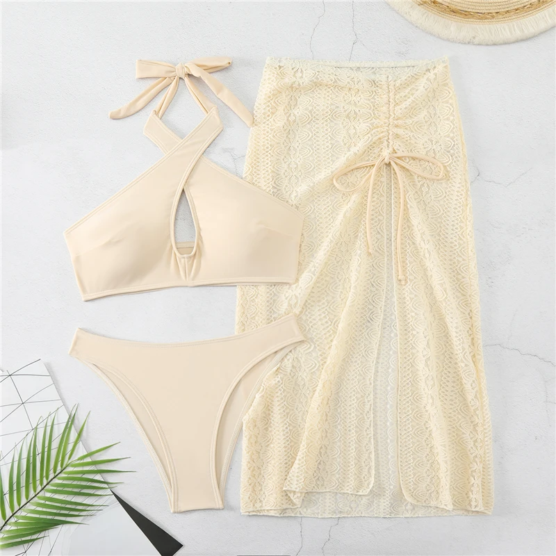 Bikini à col croisé avec jupe en dentelle pour femme, ensemble de maillot de bain bohème, coupe haute, vêtements de plage, mode, document solide, 3 pièces