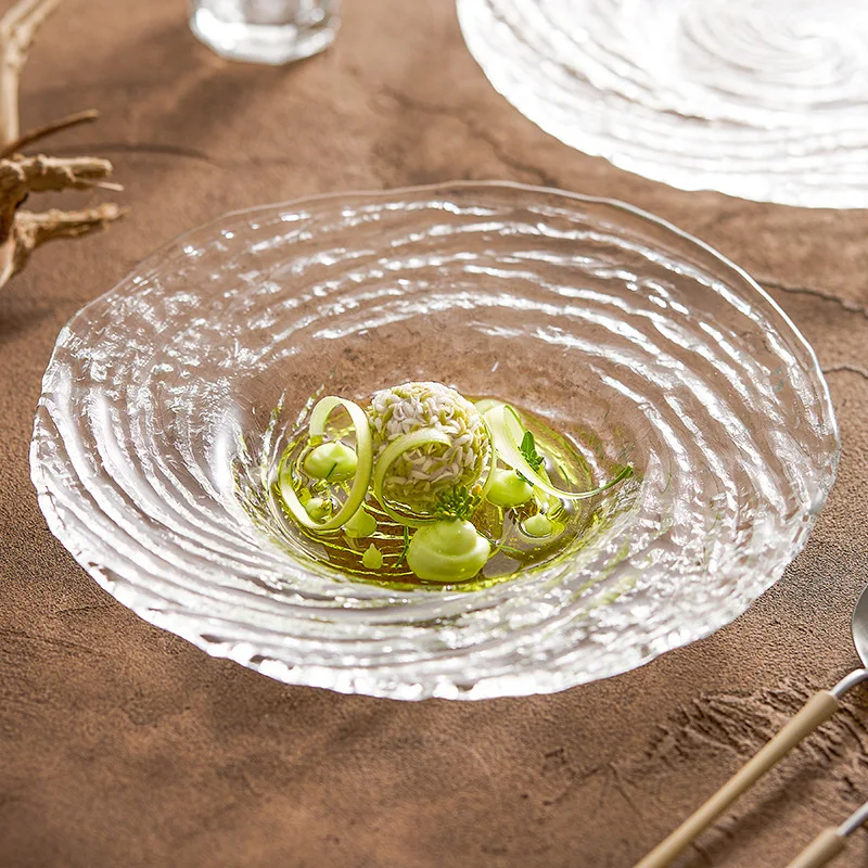 

Transparent Glass Plate, Salad Bowl, Soup Bowl, Dessert Plate, Snacks, Tableware, Creative Circular Spiral Striped Fruit Plate