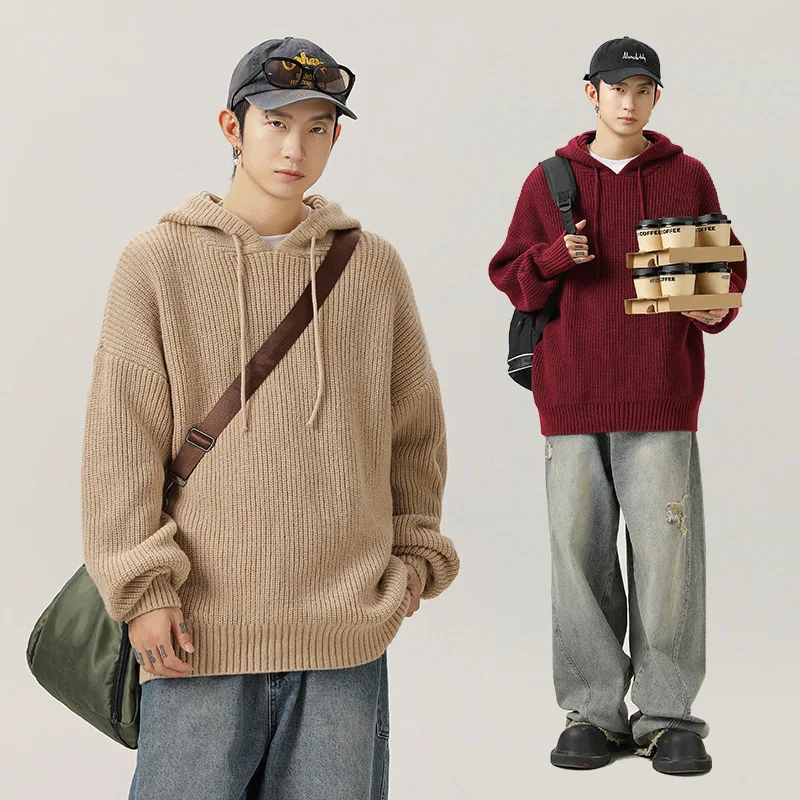 

Trendy Loose Solid Color Hooded Sweater Autumn Winter New Lazy Style Adjustable Knit Sweater Casual Jacket Fashion Handsome TETJ