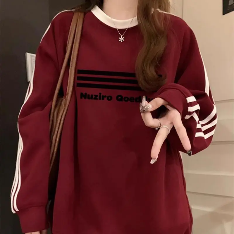 High Street American Trendy Brand Three Bar Splicing Round Neck Hoodie for Women Internet Red Loose Top Clothes