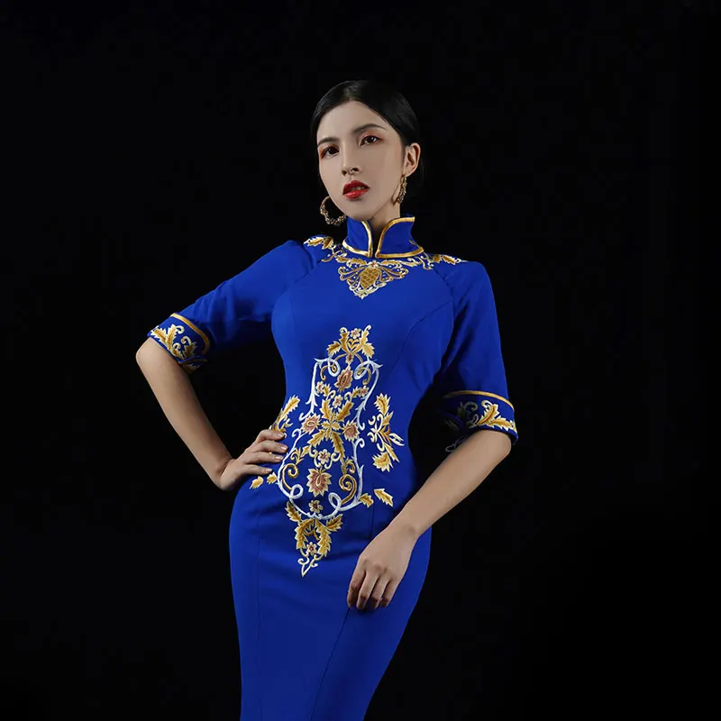 Bai Sha Elegant Dress Royal Blue T Show Embroidery High Neck Evening Gown For Formal Occasion H541