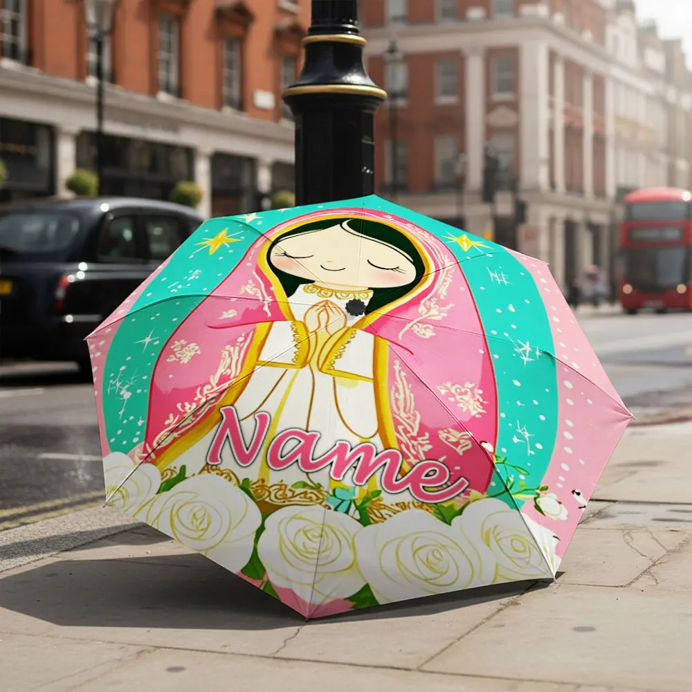 Custom Name Umbrella Cartoon Virgin Mary With White Roses Print Folding Umbrella,Portable Travel Parasol For Religious Gift