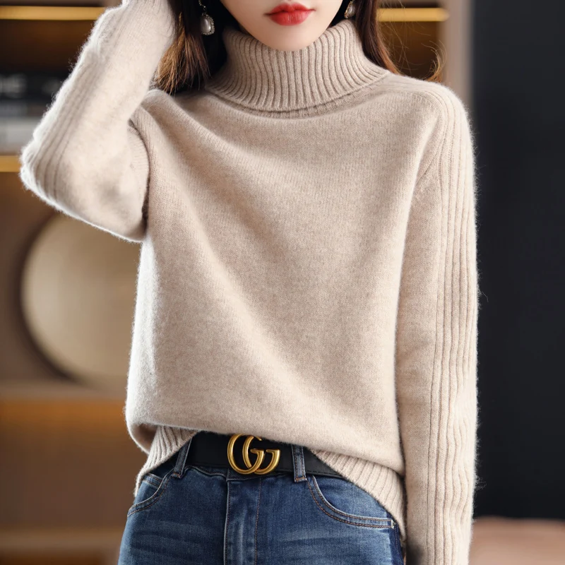 

100% Pure Wool Sweater Ladies High Lapel Pullover Casual Thick Warm Knitted Tops Winter Large Size Long Sleeve female Jacket