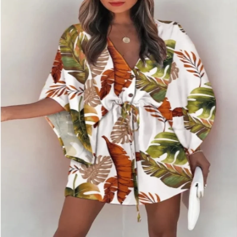 Letnia sukienka dla kobiet 2024 New Floral Print Bat Half-Sleeve V-Neck Ruffle Irregular Hem Kobieca sukienka Casual Boho Odzież damska