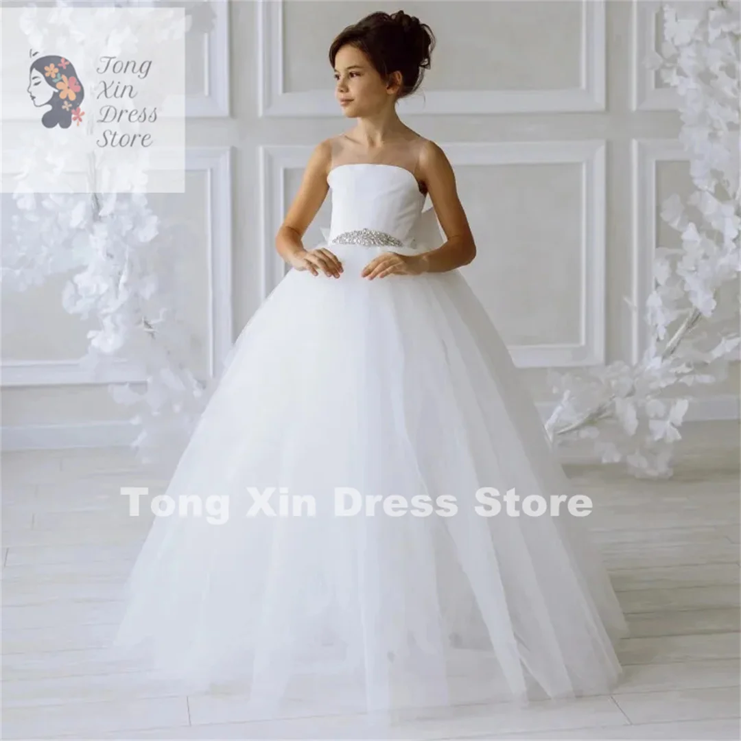 Flower Girl Dresses White Tulle Diamond With Bow Sleeveless For Wedding Birthday Party Holy Communion Gowns